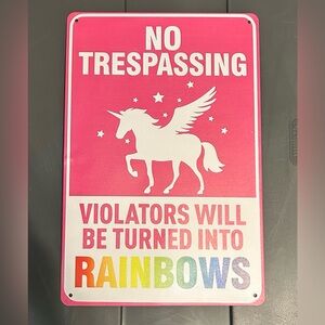 Girl’s Pink Unicorn No Trespassing Rainbow Iron Metal Sign Bedroom Decor 8”x12”
